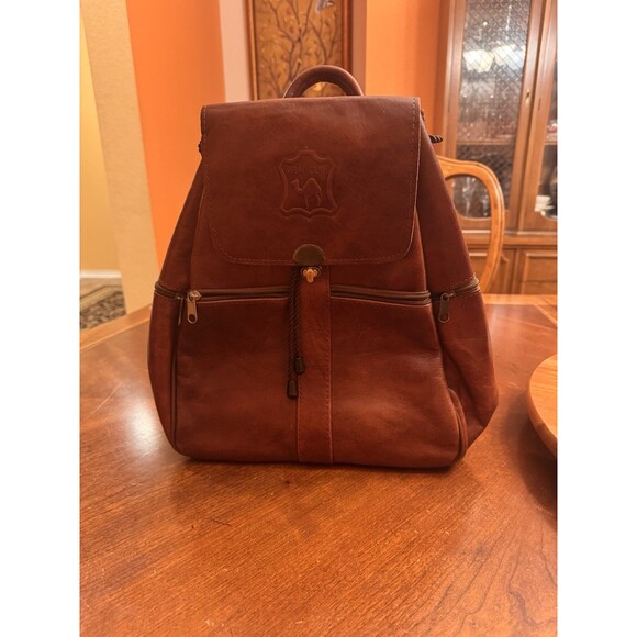 Vrai Cuir Large Brown Leather Backpack Drawstring Many Pockets 10” X 5 “ X 13” - Picture 3 of 16